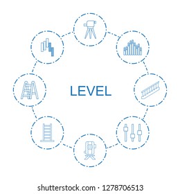 level icons. Trendy 8 level icons. Contain icons such as theodolite, level equipment, equalizer, control panel, adjust, ladder, stairs. level icon for web and mobile.