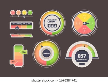 level indicator. power measurement counters with various scale colors and scores. vector template