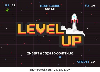 LEVEL UP INSERT A COIN TO CONTINUE .pixel art .8 bit game.retro game. for game assets in vector illustrations.