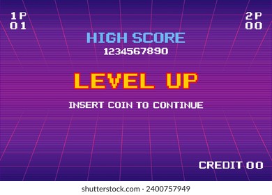 LEVEL UP INSERT A COIN TO CONTINUE .pixel art .8 bit game. retro game. for game assets in vector illustrations.