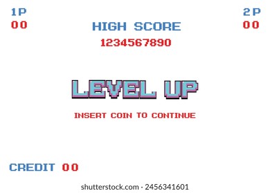 LEVEL UP INSERT A COIN TO CONTINUE .pixel art .8 bit game. retro game. for game assets in vector illustrations. on white background.