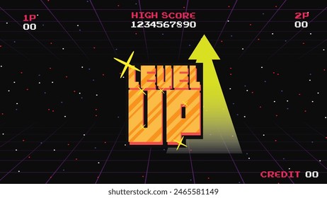 LEVEL UP INSERT A COIN TO CONTINUE .pixel art .8 bit game.retro game. for game assets in vector illustrations.	