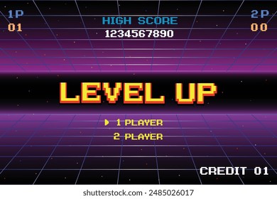 LEVEL UP INSERT A COIN TO CONTINUE .pixel art .8 bit game. retro game. for game assets in vector illustrations.