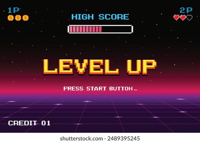 LEVEL UP INSERT A COIN TO CONTINUE .pixel art .8 bit game. retro game. for game assets in vector illustrations.