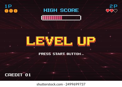 LEVEL UP INSERT A COIN TO CONTINUE .pixel art .8 bit game. retro game. for game assets in vector illustrations.