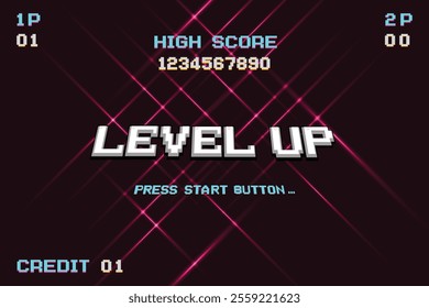 LEVEL UP INSERT A COIN TO CONTINUE .pixel art .8 bit game. retro game. for game assets in vector illustrations.