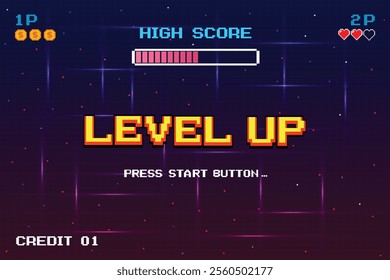 LEVEL UP INSERT A COIN TO CONTINUE .pixel art .8 bit game. retro game. for game assets in vector illustrations.