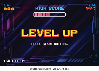 LEVEL UP INSERT A COIN TO CONTINUE .pixel art .8 bit game. retro game. for game assets in vector illustrations.