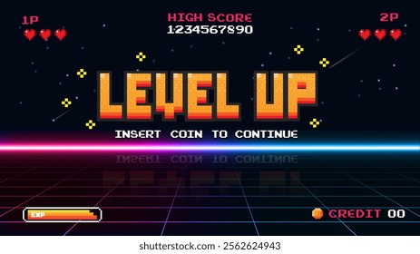 LEVEL UP INSERT A COIN TO CONTINUE .pixel art .8 bit game. retro game. for game assets in vector illustrations.