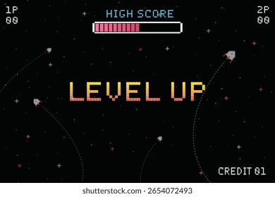 LEVEL UP INSERT A COIN TO CONTINUE .pixel art .8 bit game. retro game. for game assets in vector illustrations.