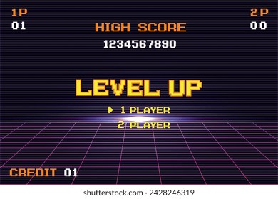 LEVEL UP INSERT A COIN TO CONTINUE. Synthwave wireframe net illustration. pixel art .8 bit game. retro game. for game assets .Retro Futurism Sci-Fi Background. glowing neon grid. and stars.