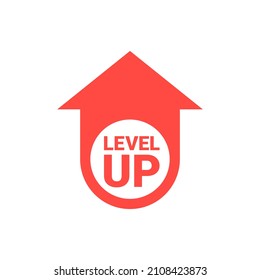 Level Up logo isolated on white background. Arrow icon and text. Red trendy symbol. Vector graphic illustration.