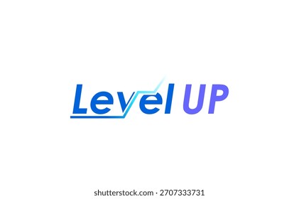 Logotipo Level Up com símbolo de seta ascendente representando a melhoria do progresso do crescimento e desenvolvimento de negócios na tipografia gradiente azul moderna isolada no fundo branco