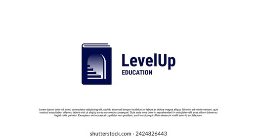 Level-up-Logo, Silhouette der Bibliothek Buch mit negativen Raum der Treppe Logo.