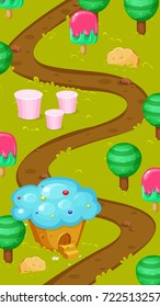 Level Map Assets. Sweet World Mobile Game User interface GUI map screen. Forest map. Forest game elements.Tree, chest and flowers. Vector gui. Game map for casual game.