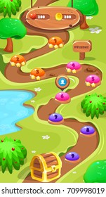 Level Map Assets.Forest World Mobile Game User interface GUI map screen. Forest  map. Forest game elements.Tree, chest and flowers. Vector gui. Game map for casual game.