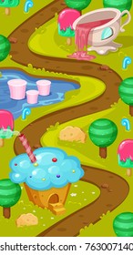 Level Map Assets.Sweet World Mobile Game User interface. GUI map screen. Forest map. Forest sweet game elements.Tree, candy, isometric home  and flowers. Vector gui. Game map for casual game.
