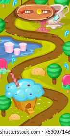 Level Map Assets.Sweet World Mobile Game User interface. GUI map screen. Forest map. Forest sweet game elements.Tree, candy, isometric home  and flowers. Vector gui. Game map for casual game.