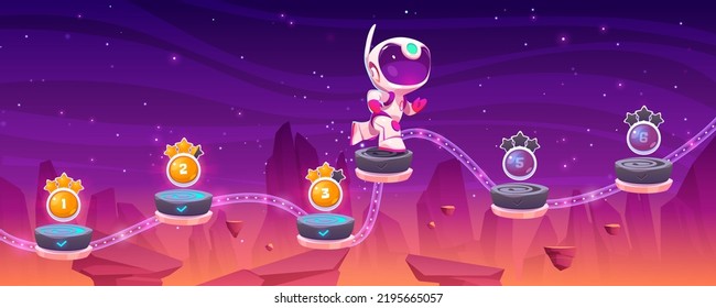 Level map for cosmic game with little astronaut run on flying platforms with numbers of stages. Futuristic alien planet landscape and cute spaceman, vector cartoon illustration