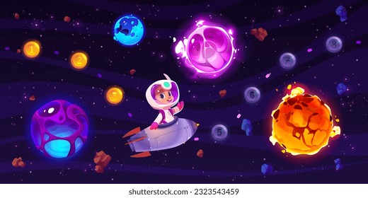 Level map with kid astronaut on rocket in space background illustration. progress bar with boy child character on spaceship explore outer cosmos ui screen for adventure arcade mobile game app.