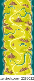  Level Map for Mobile Game. Vertikale Karte für Arcade, Match 3 oder eine andere App.
Berggipfel mit Bergblick Landkarte. Spielpfad. Endlose und nahtlose Karte    