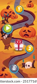Level map vertical user interface Halloween background. Pumpkin with spooky carving face, skull, burning candles and giftbox. Cartoon vector illustration for mobile game, buttons and options