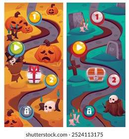 Level map vertical user interface backgrounds set. Halloween Pumpkin with spooky carving face, skull, candles and giftbox. Cemetery with gravestone. Cartoon vector for mobile game, buttons and options