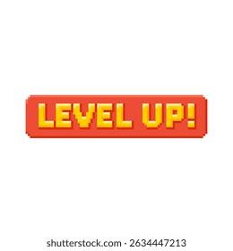 Level up message button, 8-bit pixel art style, bright red and yellow color. Arcade game interface design. Retro 80-90s style. Notification. Vector flat illustration. Isolated background.