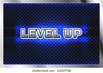 Level Up message on computer game screen with carbon background & metallic frame border (look for another titles and colors in this set of game screens)