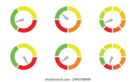 level meter set isolated on white background. circle measuring scale with different color indicator