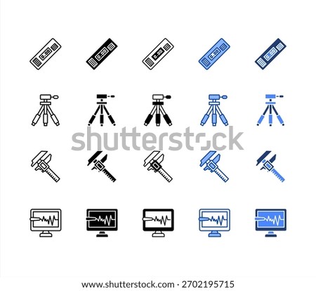 Level meter, Tripod, Digital caliper, Monitor multiple style icon set.