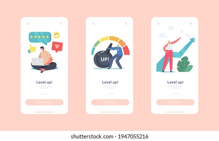 Level Up Mobile App Page Onboard Screen Template. Business Characters Increase Level Quality, Customers Evaluation Rate, Work Efficiency Solution Management Concept. Cartoon People Vector Illustration svg