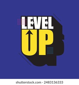 Level up modern typography logo design. Level up 3d text with arrow. Editable vector text for gaming template, banner, poster. Bold lettering on a blue background.