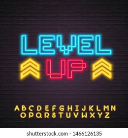 Level Up Neon Icon Light Glowing Vector Illustration with Yellow Alphabet Bright