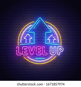 Level Up Neon Sign, Bright Signboard, Light Banner. Game Popup. Game Logo Neon, Emblem. Vector Illustration