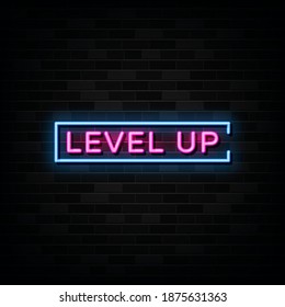 Signo de neón de nivel superior, plantilla de diseño, diseño de tendencia moderna, rótulo de neón nocturno, publicidad nocturna brillante, banner de luz. Ilustración del vector