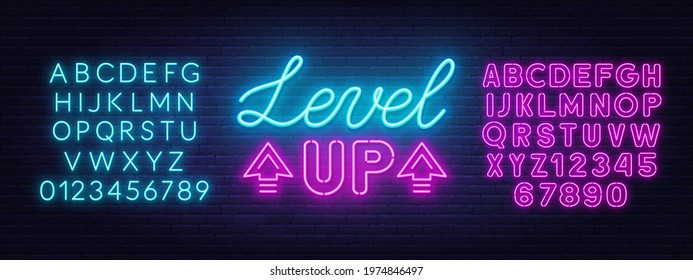 Level up neon sign on brick wall background.