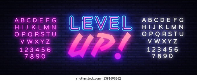 Level UP neon sign vector. Gaming Design template neon sign, light banner, neon signboard, nightly bright advertising, light inscription. Vector illustration. Editing text neon sign