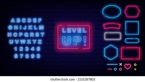 Level up neon signboard. Frames collection. Passing online computer game. Shiny blue alphabet. Nightlife promotion template. Glowing effect banner. Editable stroke. Vector stock illustration