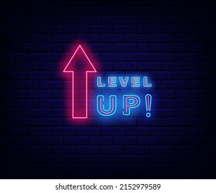 Level up neon signboard. Passing online computer game, a new level. Arrow frame. Nightlife promotion template. Glowing effect banner. Editable stroke. Vector stock illustration