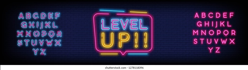 Level Up Neon Text Vector With Brick Wall Background. design template  modern trend design  night neon signboard  night bright advertising  light banner  light art. Vector illustration. Editing Text