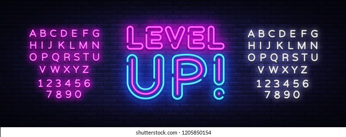 Level Up Neon Text Vector. Level Up neon sign, design template, modern trend design, night neon signboard, night bright advertising, light banner. Vector illustration. Editing text neon sign
