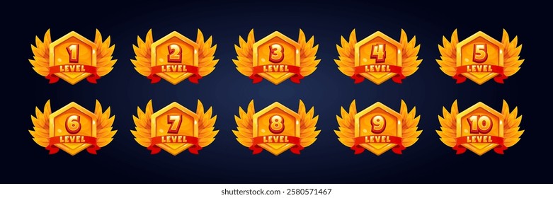 Level number badges. Game player levels up badges, achievement rank medal winner award user rating emblems with 1 10 numbers in gold frames mobile app, swanky vector illustration original artwork