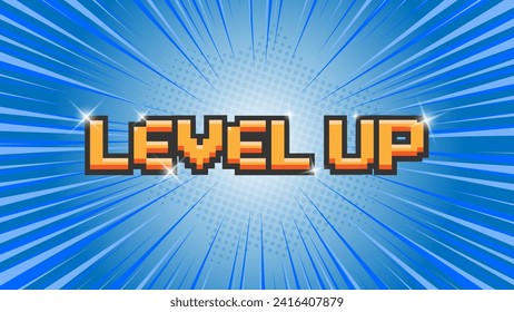 LEVEL UP on blue background .pixel art .8 bit game.retro game. for game assets in vector illustrations.	