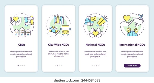 Level of operation onboarding mobile app screen. NGO walkthrough 4 steps editable graphic instructions with linear concepts. UI, UX, GUI template
