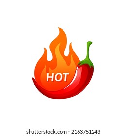 Level of orange medium hot chili pepper spicy flavor, flame and mexican fiery food cartoon sticker emblem. Vector cayenne hot seasoning, salsa sauce hot food. Fastfood condiment and burning fire