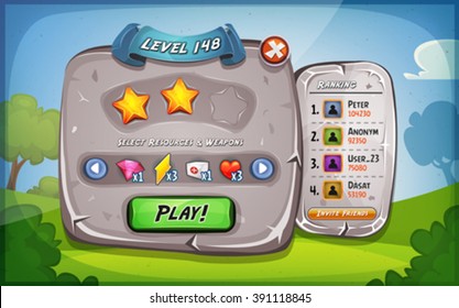 Level Panel With Options For Ui Game/
Illustration of a funny cartoon design ui game stone level and control panel, with status, ranking and stars, and spring blue sky background, for app on tablet pc