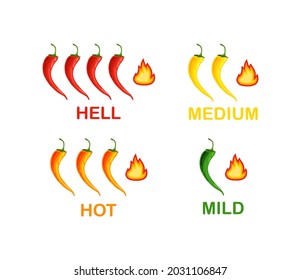  Level peppers of spicy from mild to extra hot .Hot chili peppers set. Hot chili peppers set. Icon. Vector illustration.