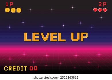  level up pink.Pixel art background.8 bit game. retro game. para recursos de jogo em ilustrações vetoriais. Retro Futurismo Sci-Fi Background. grade de néon brilhante. e estrelas da tabela vintagsynwap