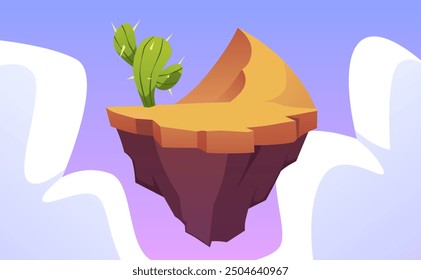 Level platform with cactus in sand dunes, desert land island floating in the sky vector illustration. Cartoon summer ground stone rock stage. Fantasy game asset, GUI nature location